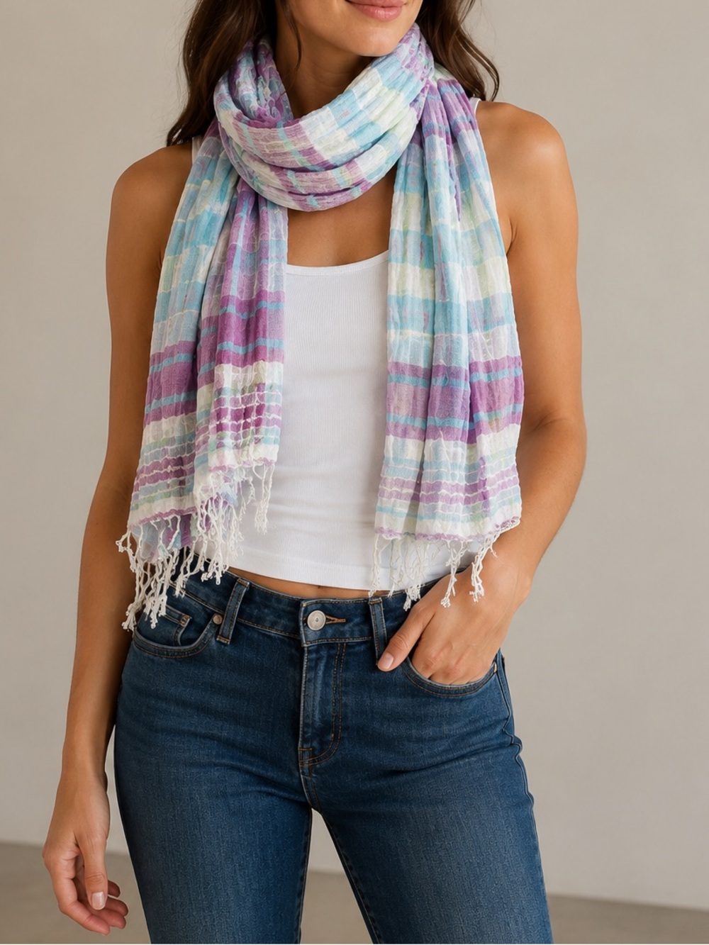 CASLON LIGHTWEIGHT STRIPED SCARF | LAVENDER AQUA & WHITE | FRINGE TASSEL ACCENTS